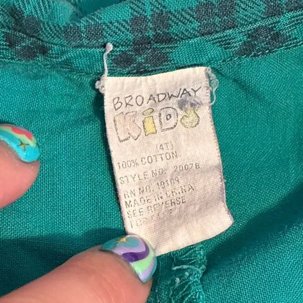 Vintage Broadway Kids Airplane Patch Plaid One Piece Romper Green Made in USA